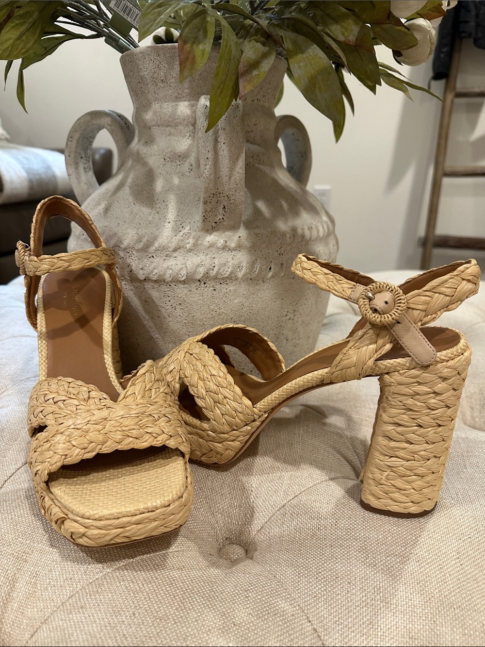 kate spade Braided Straw Block Heel Sandals - Natural Tan - NWOT